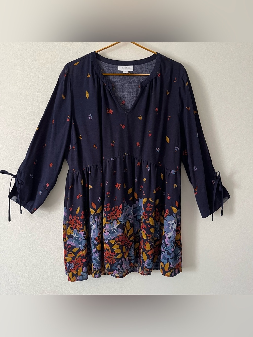Motherhood Maternity Navy Blue Floral Fall Colors Boho Split Cuff Tunic 1X